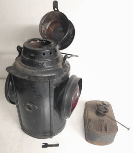 Dressel BR&P RY 2 Lens: Red, Amber: Dressel Lamp Works "train order" style lamp (2 lenes opposite each other. The body has a BR&P Ry tag and the pot has one too. It has a small patent appl for plate. We also have a similar lamp in lot