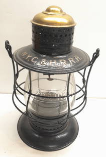 NYC&HRRR Brasstop Bellbottom Lantern Clear Cast Globe: A Steam Gauge Lamp & Lantern brass top, bell bottom lantern frame in one piece. No Steam Gauge marking, but that's what it is. It has a pinch pot and the whole frame has been painted black. This frame