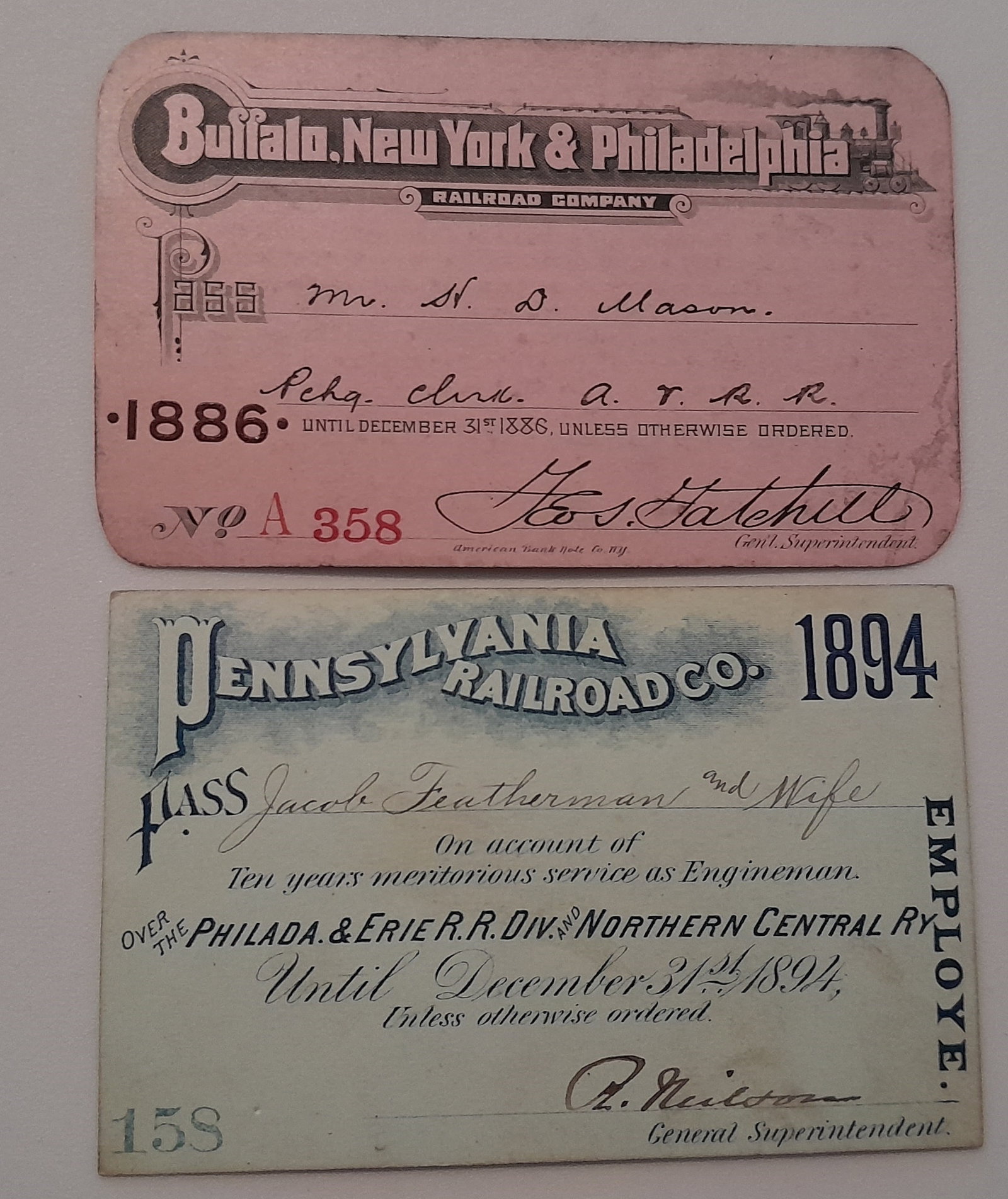 2 Railroad Passes: BNY&P 1886, PRR 1894 (1 of 2)