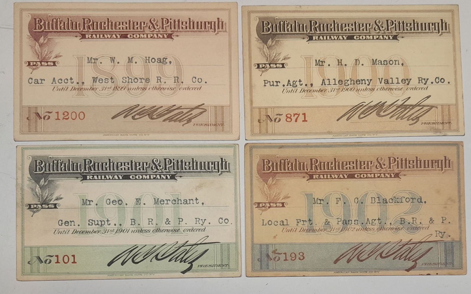 4 BR&P Ry Annual Passes: 1899, 1900, 1901, 1902 (1 of 2)