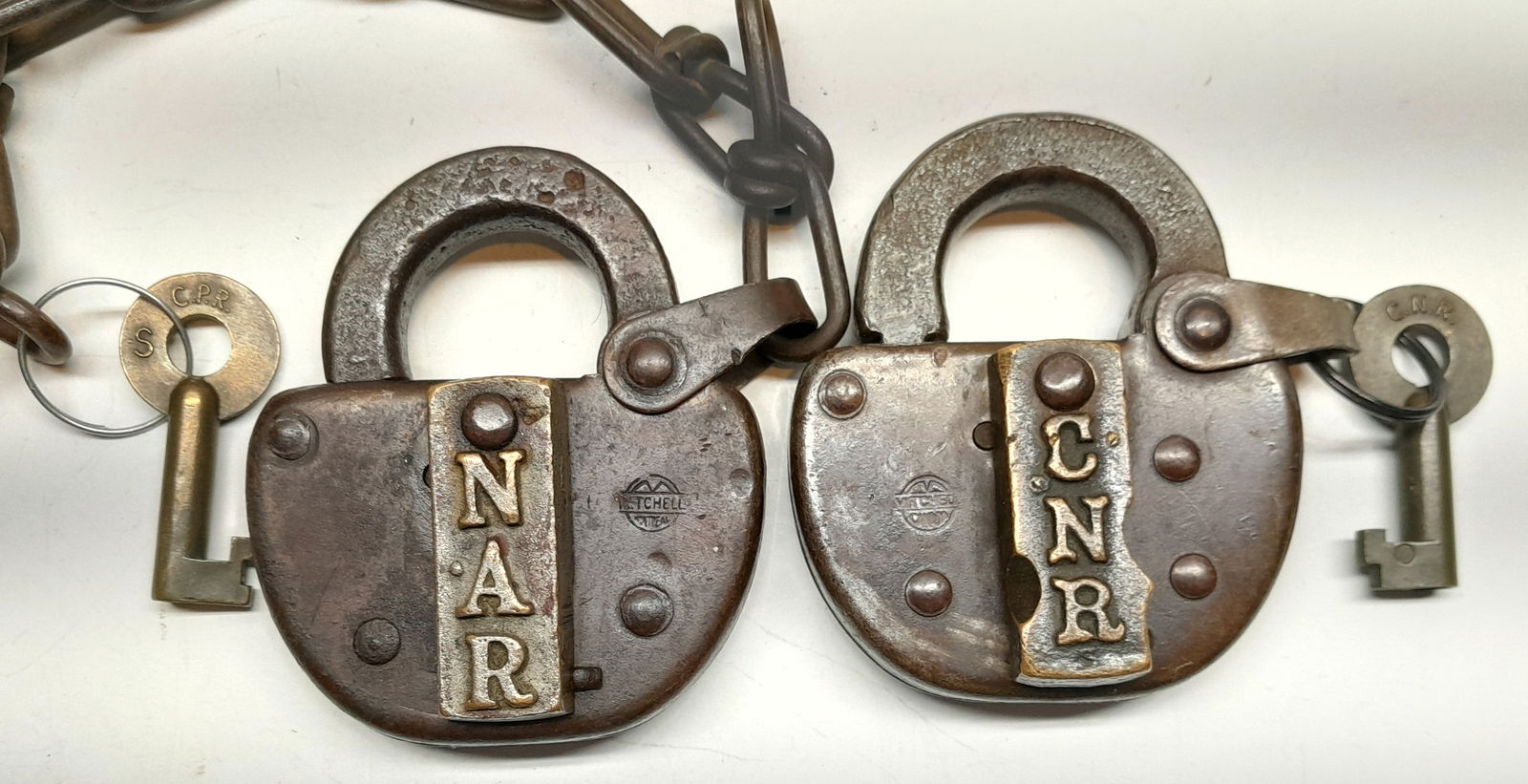 2 Canadian Locks with Keys, Cast Dust Covers: NAR, CNR (1 of 3)
