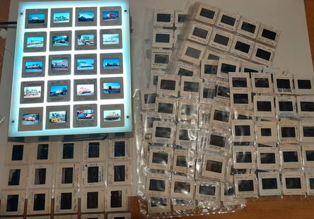 372 Photo Slides - Short Line Diesel Locomotives: About 372 photographic slides of short line diesel locomotives. Plastic sleeve sheets with 20 slides in each sheet with one incomplete sheet. Note photos through the plastic distort both image and