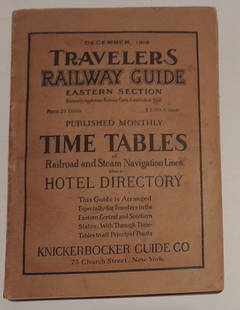 1915 Traveler's Guide Eastern US. A 344 page book: A 5 3/4" by 8" soft cover book with railroad timetables and other travel information: hotel ads, city, state maps, etc. Paper is supple and not pulpy.