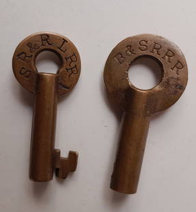 Maine 2 Footer Keys: SR&RL RR, B&SR RR: A pair of brass switch keys from 2 different Maine 2 foot gauge railroads: (1) SR&RL RR is the Sandy River & Rangeley Lakes Railroad - not hallmarked but definitely a Slaymaker product (2) Bridgton &