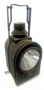 Railroad Lamp - Single Lens, Ditch Light?: An unusual lamp that could be European (note flay iron style nail. There are remnants of a maker's applied tag just under the lens. Unusual fount that would be difficult to duplicate and brass filler