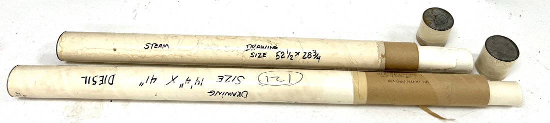 Six Rolls of Locomotive Schematic Reprints: Five Rolls are 52&rdquo;x28&rdquo; one Large Schematic measures 14’x 41&rdquo;. Black print, not blue. Interesting topics. Should be seen.