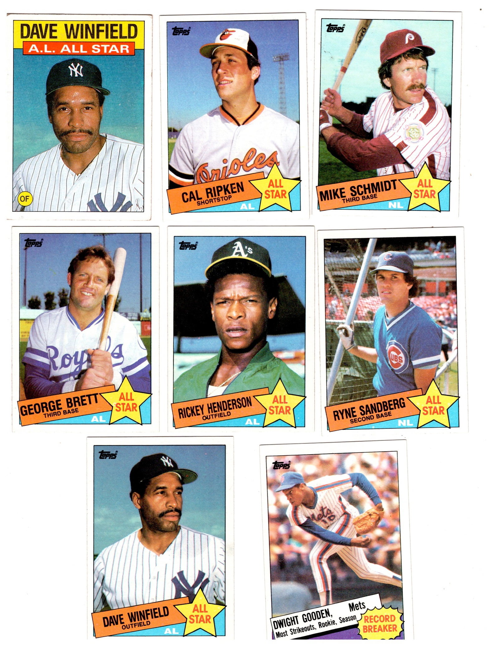 1986 Topps A.L. Leader,& All Stars: 1986 Topps A.L. Leader & All Stars. #717 D. Winfield, #704 Cal Ripken, #714 Mike Schmidt, #713 Ryne Sandberg, #703 Georgs Brett, #706 Rickey Henderson, #705 Dave Winfield, # 3 Dwight Gooden, Record Br