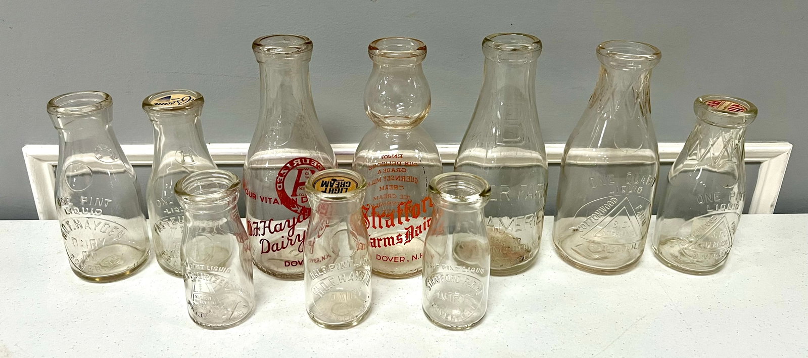 NH Milk Bottles: NH Milk Bottles, 10 Total. Badger Farms, Strafford Farms, Sterling, Hayden, Middlebrook, Etc