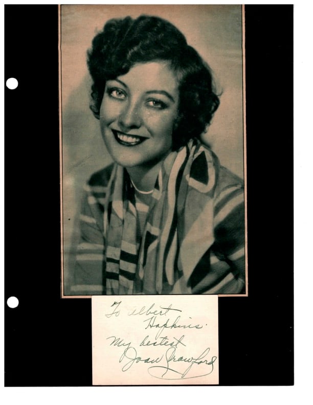 Joan Crawford Autogr.: Joan Crawford signed & inscribed card.3.5" X 2.5". Joan Crawford was an American actress. She started her career as a dancer in traveling theatrical companies before debuting on Broadway. Crawford was