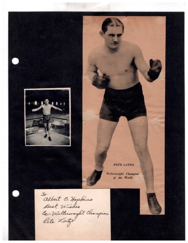 Pete Latzo Autogr.: Pete Latzo signed & inscribed card. Pete Latzo was an American boxer who held the World Welterweight Championship from 1926 to 1927. 1902-1968.