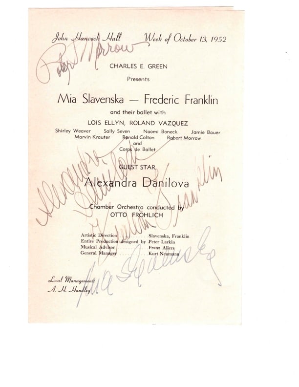 John Hancock Hall, Original Playbill. Ballet. autographed.: Original Playbill. Ballet, signed by Mia Slavenska plus. 4 others. 1952. 6" X 9".