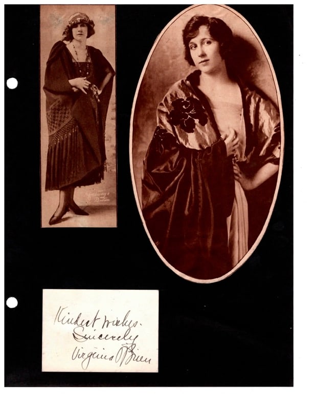 Autograph Virginia OBrien: Autograph Virginia OBrien, actress. signed card, Kindest Wishes, Sincerly Virgini Obrien. Got her big break in 1939, when she appeared in the Los Angeles stage production of Meet the People. Paralyzed