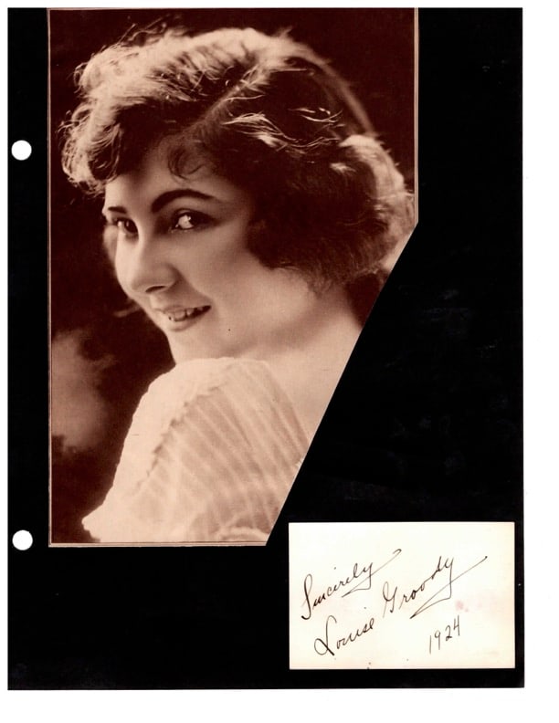 Autograph Louise Groody: Autograph Louise Groody actress. signed card, "Sincerly Louise Gordon 1924". Groody began as a cabaret dancer in N. Y. & while still in her teens drew the attention of Broadway producer Charles Dillin