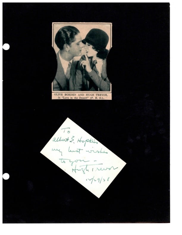 Autograph Hugh Trevor: Autograph Hugh Trevor actor. signed & inscribed card. "To Albert Hopkins my best wishes to you Hugh Trevor 12/29/28". Hugh Trevor, born Hugh Trevor-Thomas in 1903, was an American actor whose short ca