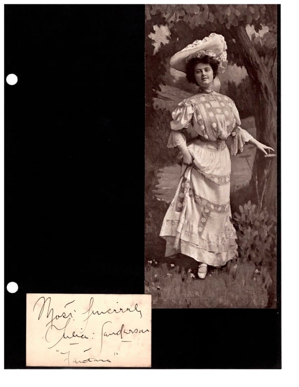 Autograph Julia Sanderson: Autograph Julia Sanderson actress. signed & inscribed card "Most Sincerely Julia Sanderson "Fantana". Broadway actress & singer. 1887-1975