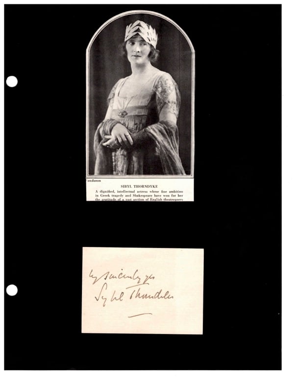 Autograph Sybil Thorndyke: Autograph Sybil Thorndyke actress. Signed & inscribed card. "Sincerely yours Sybil Thorndyke". She began her professional acting career with the company of the actor-manager Ben Greet, with whom she t