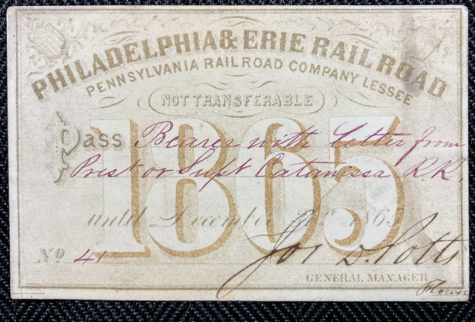 1865 Philadelphia & Erie Railroad Annual Pass (1 of 2)