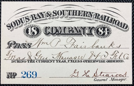 1884 Sodus Bay & Southern Railroad Annual Pass