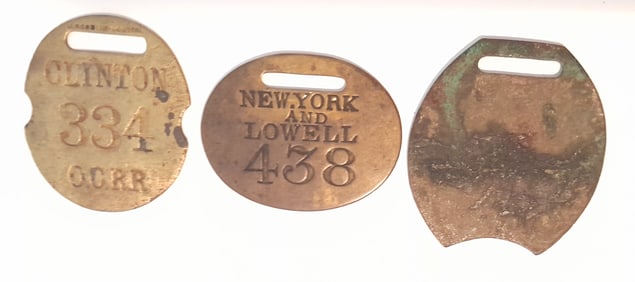 3 Brass Bagggage Tags: OCRR, NY&E BC&F