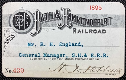 1895 Bath & Hammondsport Railroad Annual Pass