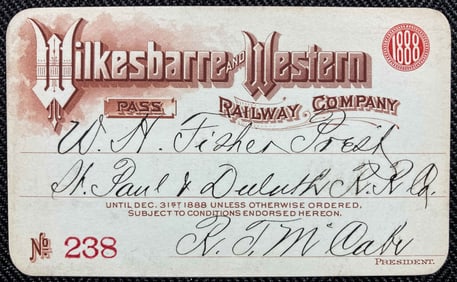 1888 Wilkesbarre and Western Railway Company Annual Pass
