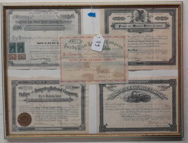 5 Maine Narrow Gauge Stock Certificates - Framed