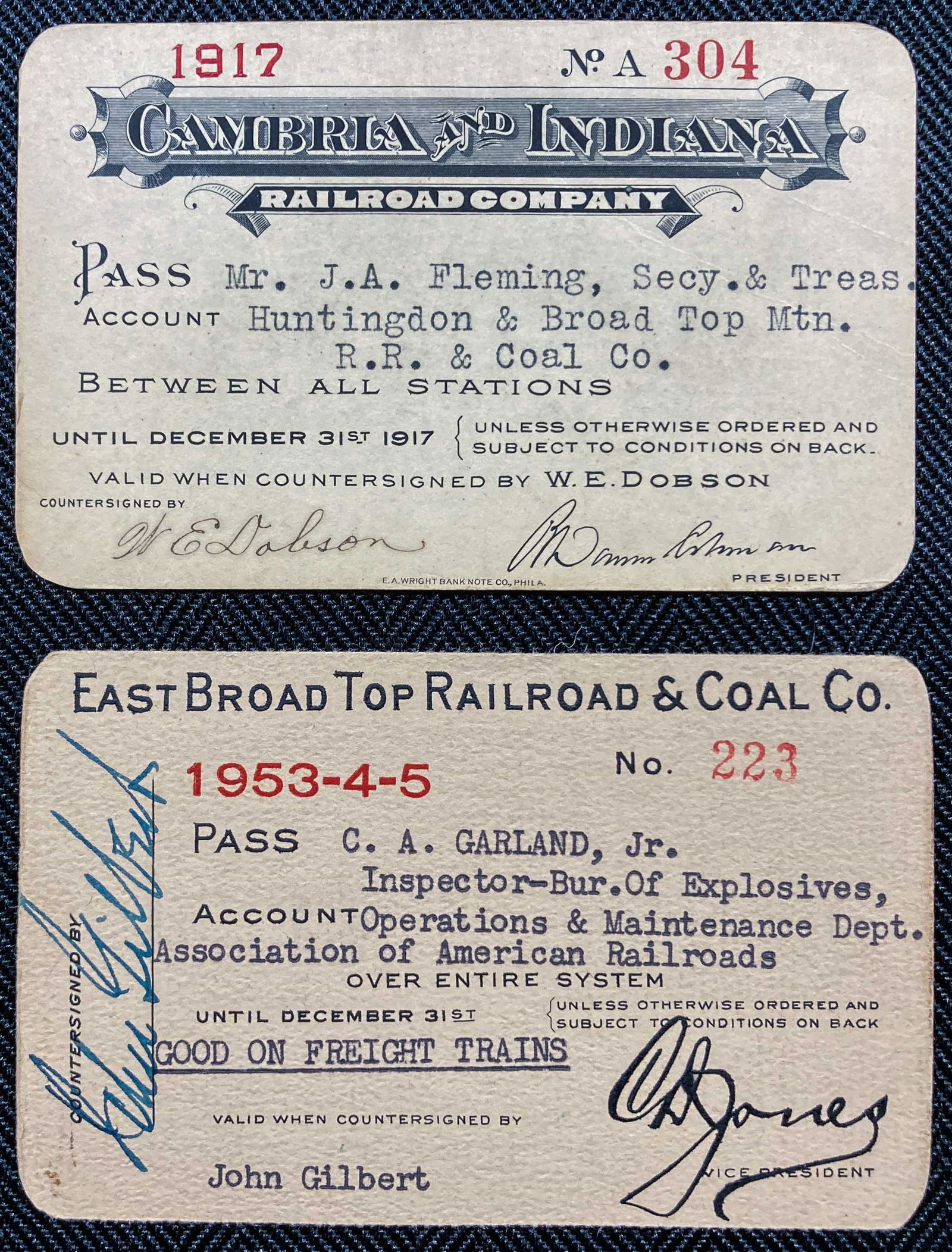 1955 East Broad Top, 1917 Cambria & Indiana Pass: A pair of linen annual passes from (1) 1953-54-55 East Broad Top Railroad & Coal Company (2) 1917 Cambria and Indiana Railroad Company