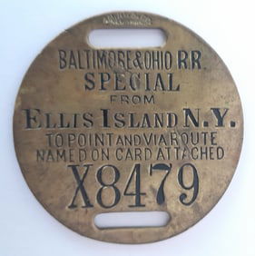 Ellis Island B&O Railroad Emigrant Brass Baggage Tag