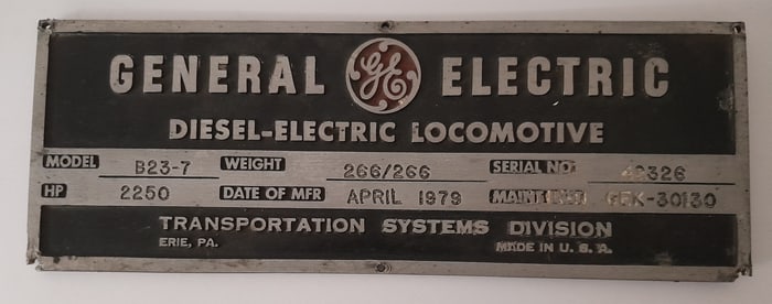 General Electric B23-7 Diesel Builder's Plate Conrail 1988