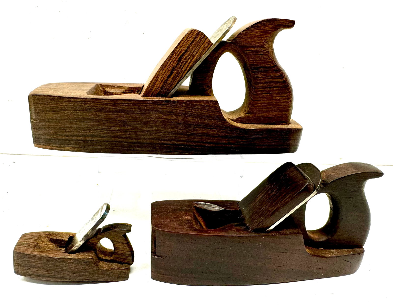 Graduated set of three owner made exotic wood smoothing planes; (1 of 2)