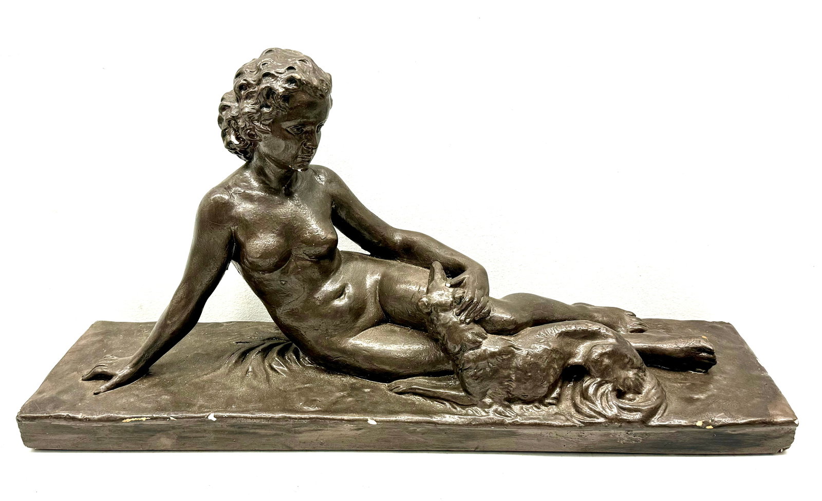 Nude Chalkware Statue: Large Chalkware Sculpture of Nude Lady With Dog. Base 26"x7" 13" Tall