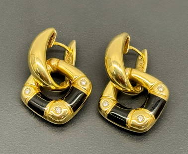 Asch Grossbardt 14k Gold Vintage Reverse Earrings: Asch Grossbardt 14k Yellow Gold Vintage Reverse Earrings Inlaid gemstones on one side, Diamonds + Inlay on reverse. Total Weight 10 grams.