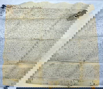 1689 John Smith Indenture on Parchment: Very Early Piece of Parchment Dated 10 March 1689. Titled "This Indenture Tripartite" For John Smith England. Approximately 24" x 26"