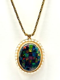 Black Opal 14k Gold and Pearl Pendant With Chain