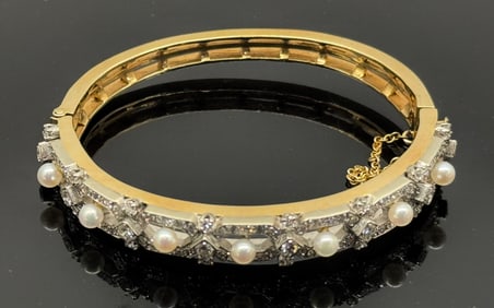 14k Pearl and Diamond Bangle