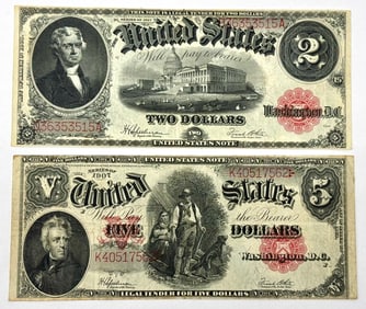US 1907 $5 Note and 1917 $2 Note