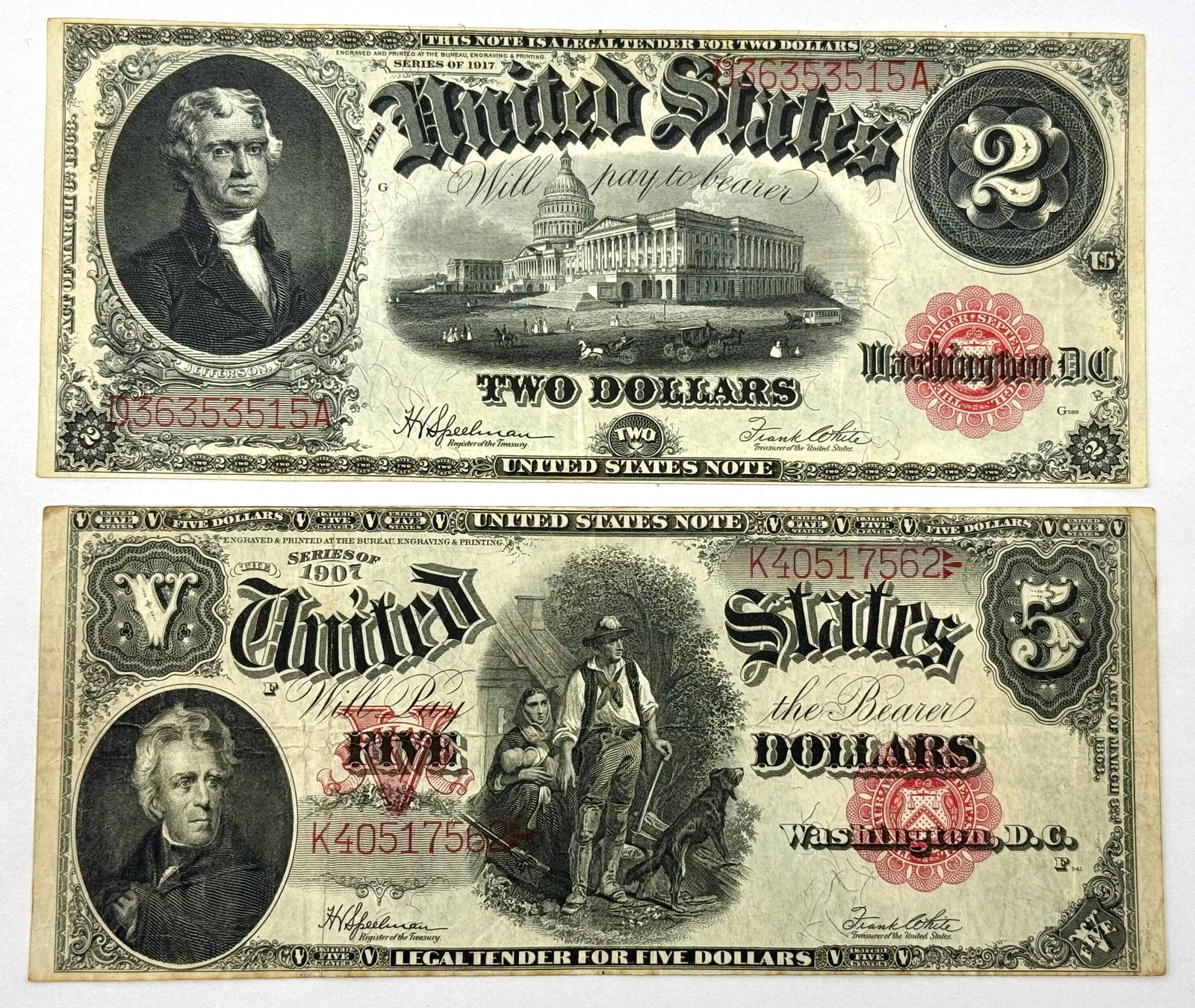 US 1907 $5 Note and 1917 $2 Note (1 of 2)