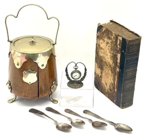 Antique Lot, Oak humidor, Coin Silver Spoons Etc