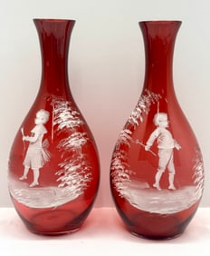 Mary Gregory Enamel Cranberry Glass Water Carafes