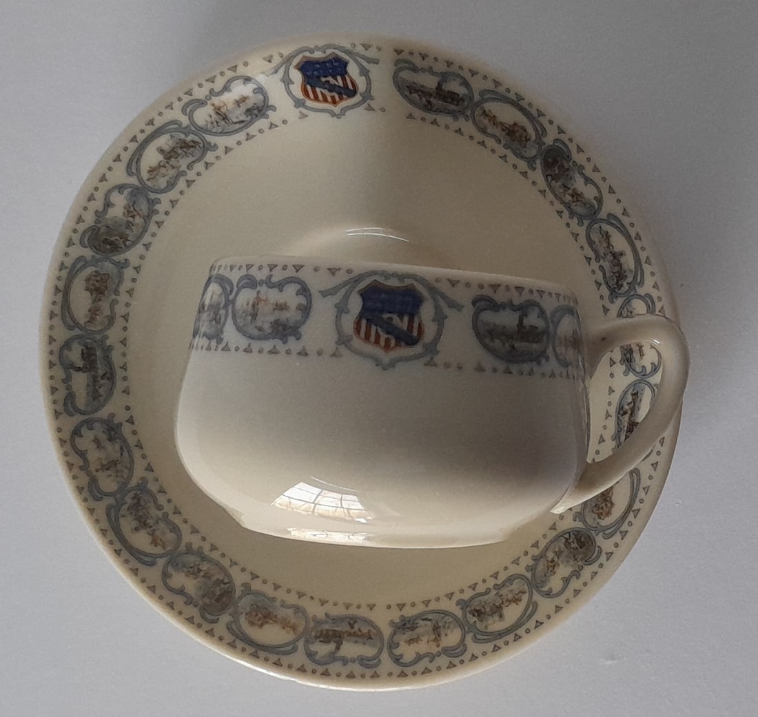 Union Pacific China "Historical" pattern Demi Set, flake on saucer (1 of 5)