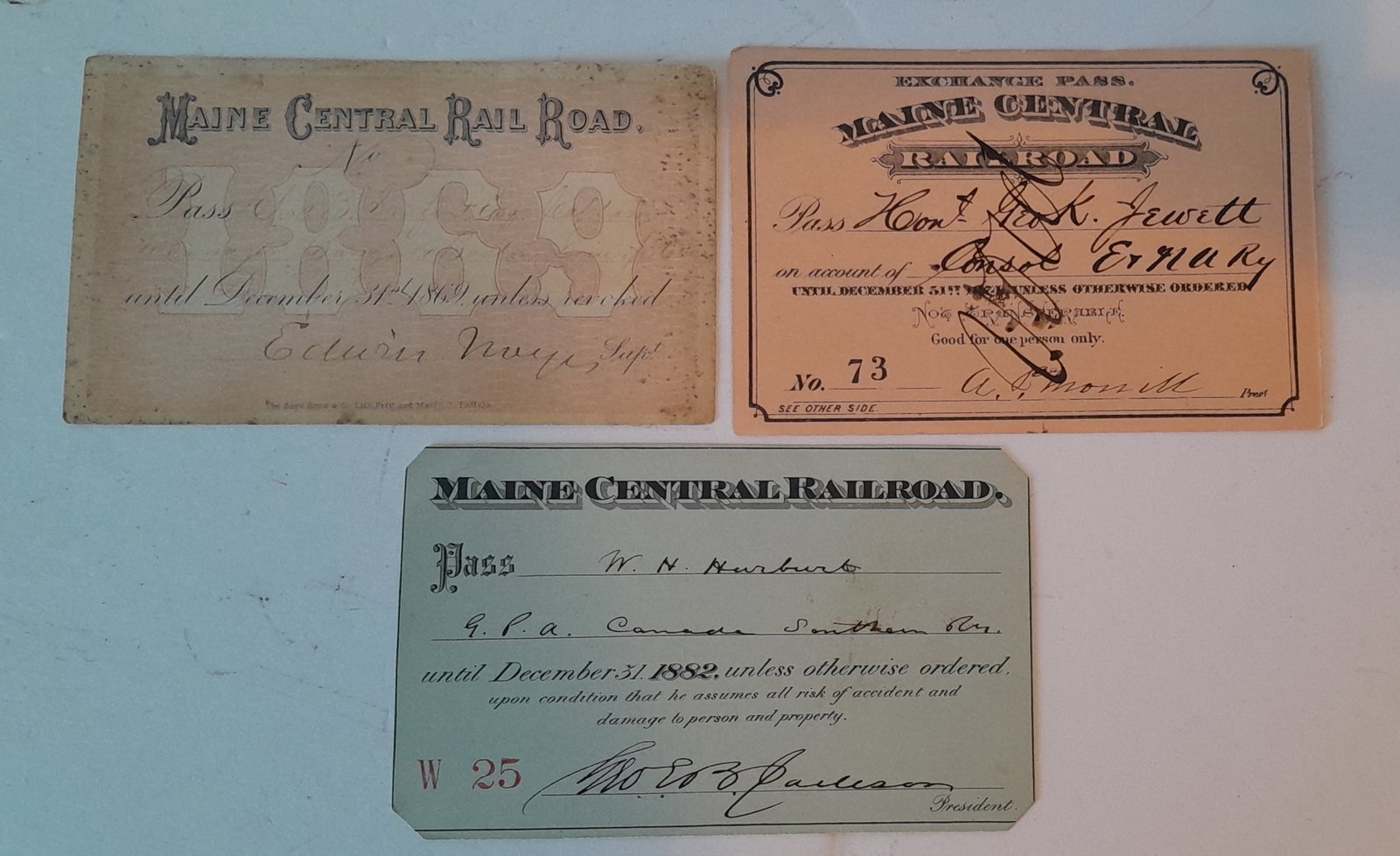 Maine Central Railroad Passes (3) 1869, 1874, 1882 (1 of 2)