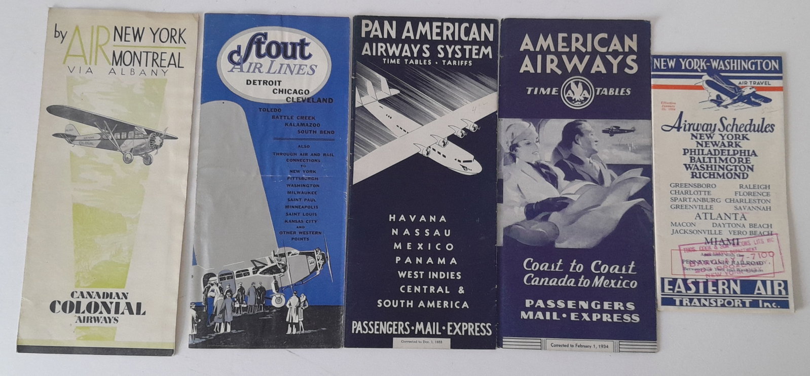 5 Airline Timetables 1930-1934: 5 commercial airline timetables from the 1930s: (1) TAT - no date (2) French? 1932 (3) TWA 1934 (4) United 1934 (5) Zeppelin 1936 Rio/Lakehurst. Expect some use but no real damage unless noted.