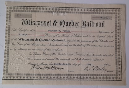 Wiscasset & Quebec Railroad without Company Stock Certificate