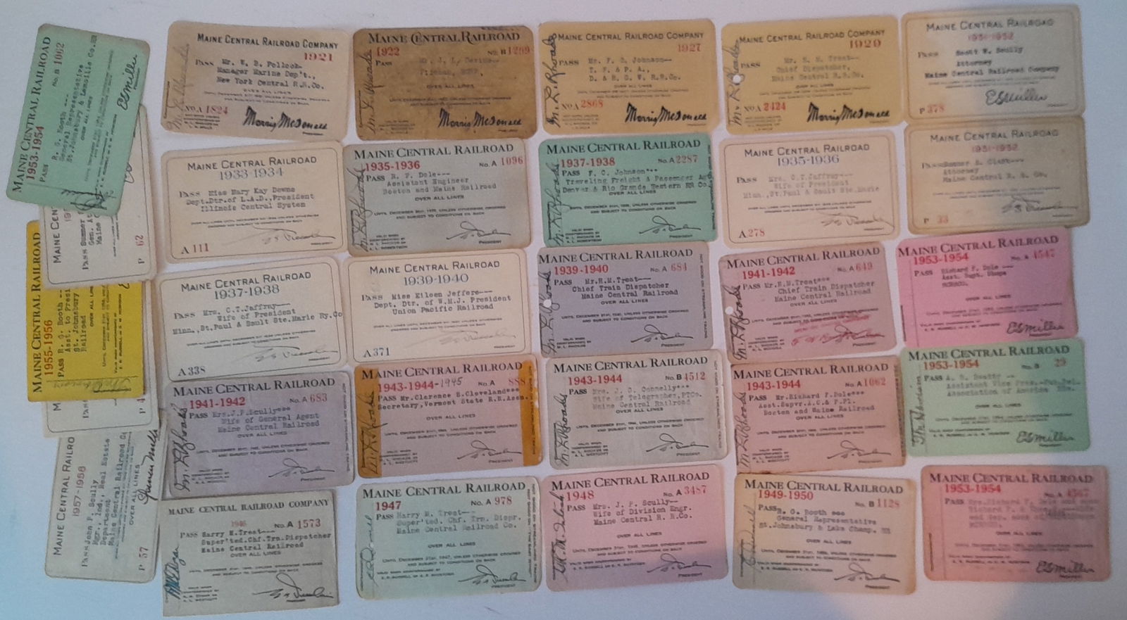30 Maine Central Railroad Annual Passes 1921-1954: Large group of linen annual passes from 1920's - 1954. Some duplicates. Condition varies quite a bit. Some unusual issues.