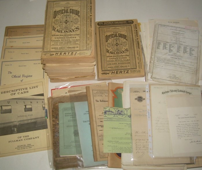 Railroad Reference: Official Lists & Guides: Includes: 4 Passenger Official Registers 1960-1971; Pullman List of Cars 1961; 7 Official Guides, including 1960 & 1963, 4" stack of varied reference including track charts, old letterheads, annual re
