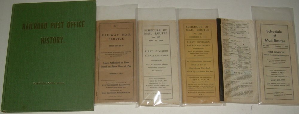 RPO History and (5) Div 1 Schedules: Older 1972 Postal history by McKee & Lewis, "Railway Post Office History". Good condition. Also included are 5 Division #1 (New England) Railway Mail Service Schedule books. Very interesting reference
