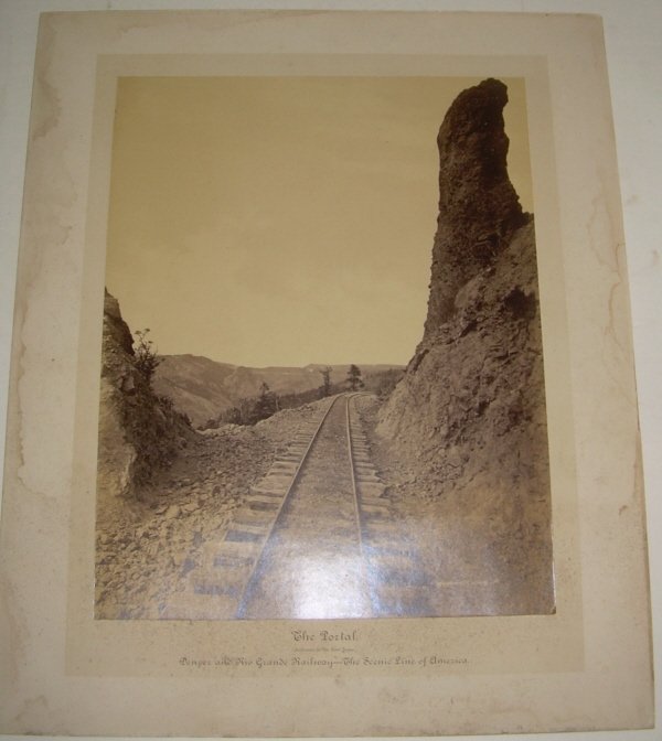 W. Jackson D&RG Photograph "The Portal": A large format, original, mounted William Henry Jackson photograph of "The Portal, Entrance to the San Juan". Mounted on hard artist board. The outer dimensions of the board are 24" by 29". The photog