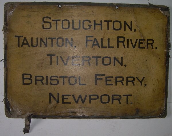 NH Old Colony Newport Destination Sign: This old composite sign measures 20" by 14". One side is for trains between Boston & North Attleboro. Note the location of Pondville and Wampum. No train has stopped in Wampum for quite some time. The