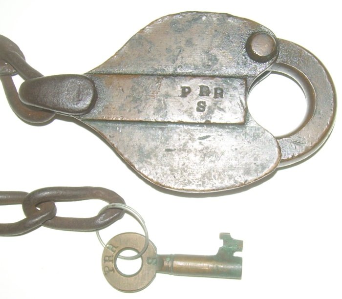 PRR Ritchie & Boyden Brass Lock with PRR Key: Old Ritchie & Boyden PRR marked Lock & Key. The lock is also clearly stamped "S" for Switch under the PRR marking on the drop. The key is just marked PRR with no manufacturing mark. Ritchie & Boyden i