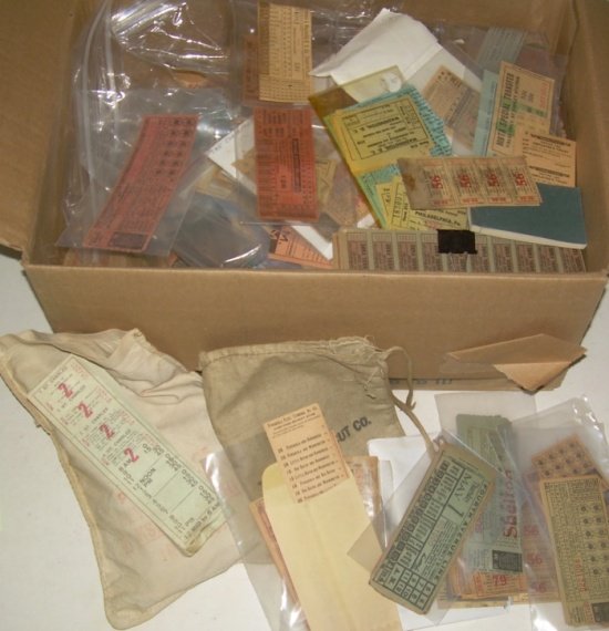 Box of Trolley & Electric Line Tickets 1,000s: A huge quantity of trolley, street car related tickets. Literally thousands of tickets. The group includes related canvas sacks. This lot should be viewed in person. Condition varies.